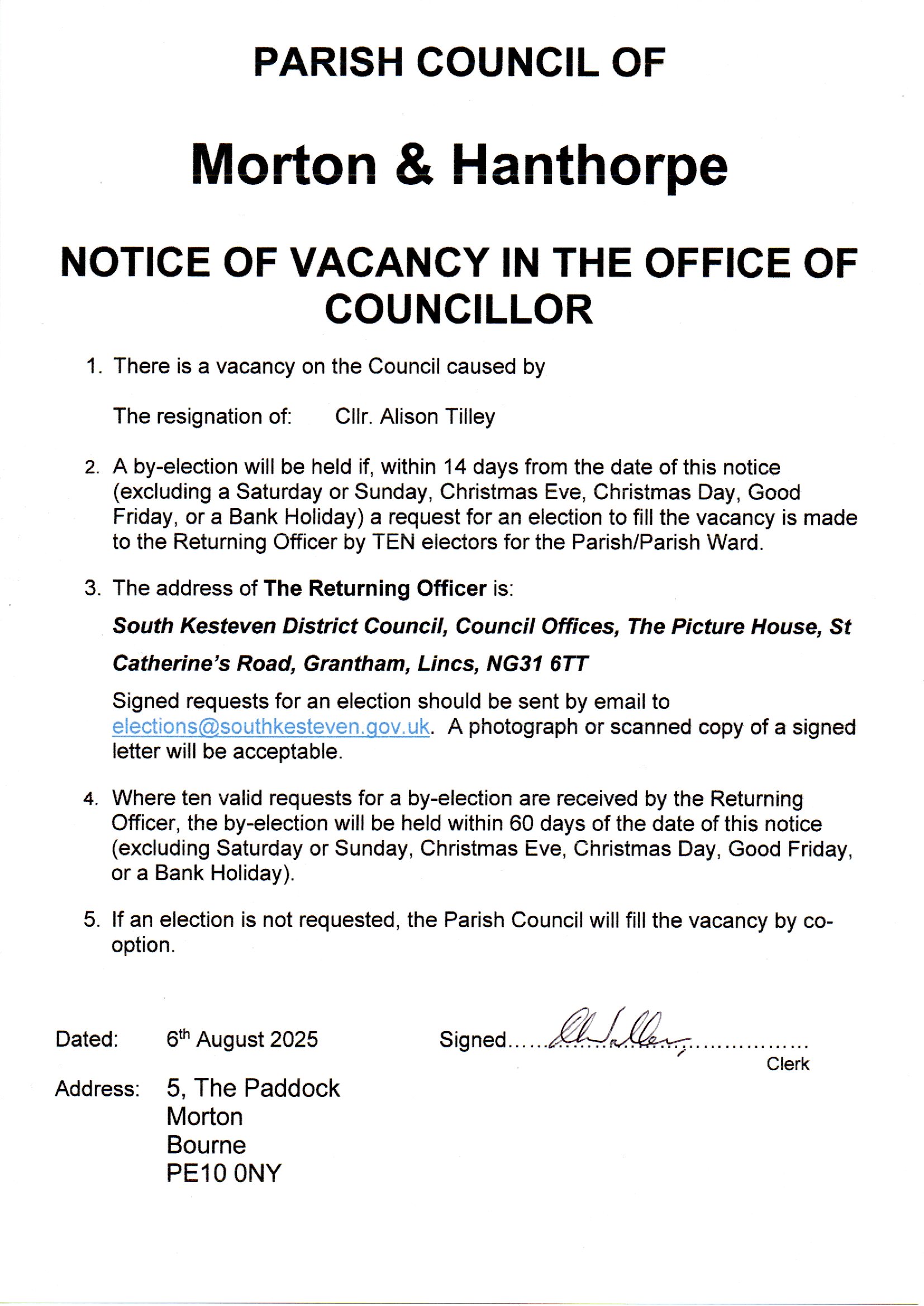 Cllr Vacancy Aug 2025